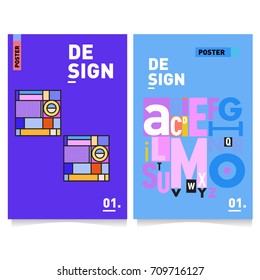 Vector covers design set with retro style. Cool geometric memphis style poster template with alphabets. Summer and autumn design template.