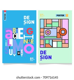 Vector covers design set with retro style. Cool geometric memphis style poster template with alphabets. Summer and autumn design template.