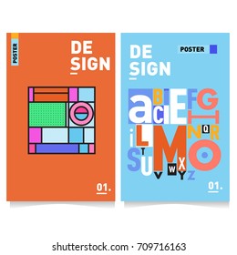 Vector covers design set with retro style. Cool geometric memphis style poster template with alphabets. Summer and autumn design template.
