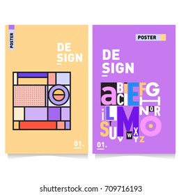 Vector covers design set with retro style. Cool geometric memphis style poster template with alphabets. Summer and autumn design template.