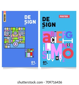 Vector covers design set with retro style. Cool geometric memphis style poster template with alphabets. Summer and autumn design template.