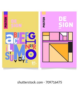 Vector covers design set with retro style. Cool geometric memphis style poster template with alphabets. Summer and autumn design template.