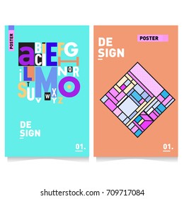 Vector covers design set with retro style. Cool geometric memphis style poster template with alphabets. Summer and autumn design template.
