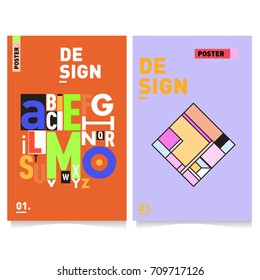 Vector covers design set with retro style. Cool geometric memphis style poster template with alphabets. Summer and autumn design template.