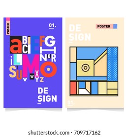Vector covers design set with retro style. Cool geometric memphis style poster template with alphabets. Summer and autumn design template.