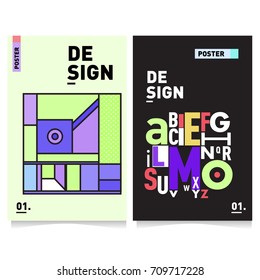 Vector covers design set with retro style. Cool geometric memphis style poster template with alphabets. Summer and autumn design template.