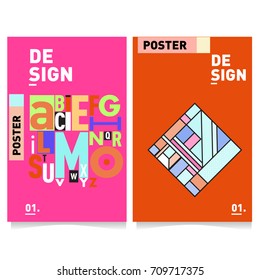 Vector covers design set with retro style. Cool geometric memphis style poster template with alphabets. Summer and autumn design template.