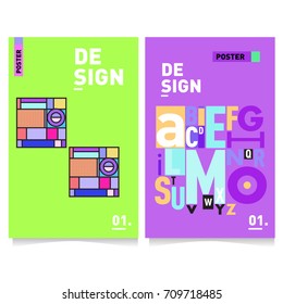 Vector covers design set with retro style. Cool geometric memphis style poster template with alphabets. Summer and autumn design template.