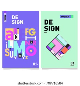 Vector covers design set with retro style. Cool geometric memphis style poster template with alphabets. Summer and autumn design template.