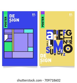 Vector covers design set with retro style. Cool geometric memphis style poster template with alphabets. Summer and autumn design template.