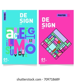 Vector covers design set with retro style. Cool geometric memphis style poster template with alphabets. Summer and autumn design template.