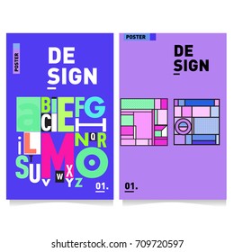 Vector covers design set with retro style. Cool geometric memphis style poster template with alphabets. Summer and autumn design template.