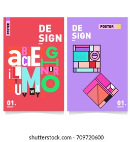 Vector covers design set with retro style. Cool geometric memphis style poster template with alphabets. Summer and autumn design template.
