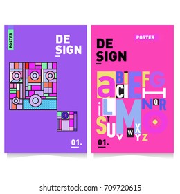 Vector covers design set with retro style. Cool geometric memphis style poster template with alphabets. Summer and autumn design template.