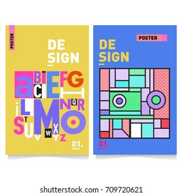 Vector covers design set with retro style. Cool geometric memphis style poster template with alphabets. Summer and autumn design template.