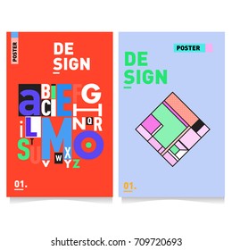 Vector covers design set with retro style. Cool geometric memphis style poster template with alphabets. Summer and autumn design template.