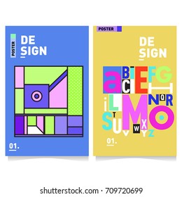Vector covers design set with retro style. Cool geometric memphis style poster template with alphabets. Summer and autumn design template.