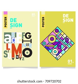 Vector covers design set with retro style. Cool geometric memphis style poster template with alphabets. Summer and autumn design template.