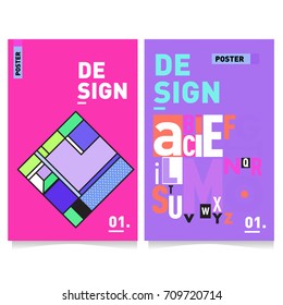 Vector covers design set with retro style. Cool geometric memphis style poster template with alphabets. Summer and autumn design template.