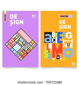 Vector covers design set with retro style. Cool geometric memphis style poster template with alphabets. Summer and autumn design template.