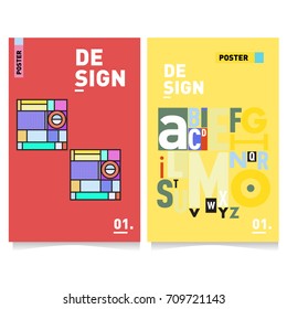 Vector covers design set with retro style. Cool geometric memphis style poster template with alphabets. Summer and autumn design template.