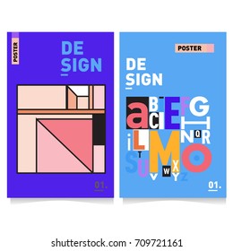 Vector covers design set with retro style. Cool geometric memphis style poster template with alphabets. Summer and autumn design template.
