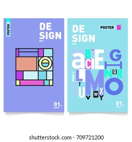 Vector covers design set with retro style. Cool geometric memphis style poster template with alphabets. Summer and autumn design template.