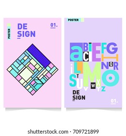 Vector covers design set with retro style. Cool geometric memphis style poster template with alphabets. Summer and autumn design template.