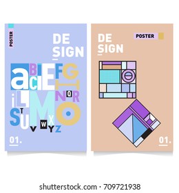 Vector covers design set with retro style. Cool geometric memphis style poster template with alphabets. Summer and autumn design template.