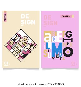 Vector covers design set with retro style. Cool geometric memphis style poster template with alphabets. Summer and autumn design template.