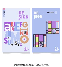 Vector covers design set with retro style. Cool geometric memphis style poster template with alphabets. Summer and autumn design template.