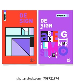 Vector covers design set with retro style. Cool geometric memphis style poster template with alphabets. Summer and autumn design template.