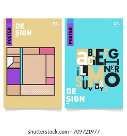 Vector covers design set with retro style. Cool geometric memphis style poster template with alphabets. Summer and autumn design template.