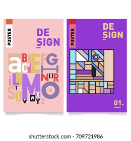 Vector covers design set with retro style. Cool geometric memphis style poster template with alphabets. Summer and autumn design template.