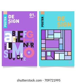 Vector covers design set with retro style. Cool geometric memphis style poster template with alphabets. Summer and autumn design template.