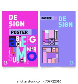 Vector covers design set with retro style. Cool geometric memphis style poster template with alphabets. Summer and autumn design template.