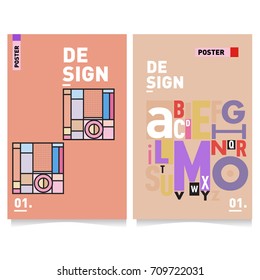 Vector covers design set with retro style. Cool geometric memphis style poster template with alphabets. Summer and autumn design template.
