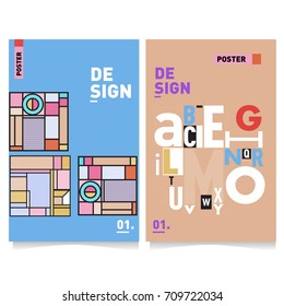 Vector covers design set with retro style. Cool geometric memphis style poster template with alphabets. Summer and autumn design template.
