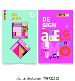 Vector covers design set with retro style. Cool geometric memphis style poster template with alphabets. Summer and autumn design template.
