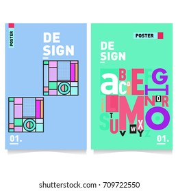 Vector covers design set with retro style. Cool geometric memphis style poster template with alphabets. Summer and autumn design template.