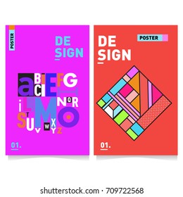 Vector covers design set with retro style. Cool geometric memphis style poster template with alphabets. Summer and autumn design template.
