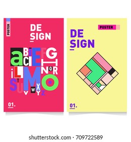 Vector covers design set with retro style. Cool geometric memphis style poster template with alphabets. Summer and autumn design template.