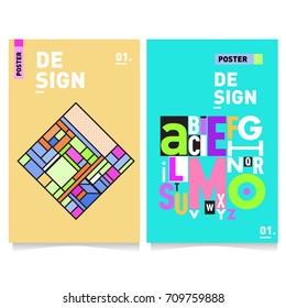 Vector covers design set with retro style. Cool geometric memphis style poster template with alphabets typography layout. Summer and autumn design template.