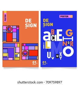 Vector covers design set with retro style. Cool geometric memphis style poster template with alphabets typography layout. Summer and autumn design template.