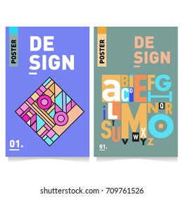 Vector covers design set with retro style. Cool geometric memphis style poster template with alphabets typography layout. Summer and autumn design template.