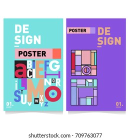Vector covers design set with retro style. Cool geometric memphis style poster template with alphabets typography layout. Summer and autumn design template.