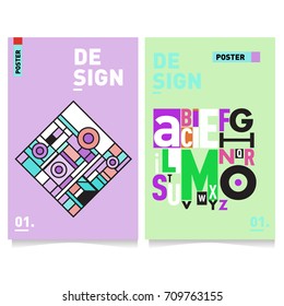Vector covers design set with retro style. Cool geometric memphis style poster template with alphabets typography layout. Summer and autumn design template.