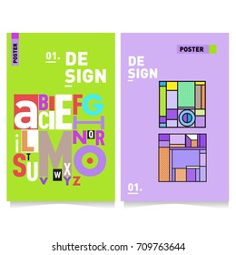 Vector covers design set with retro style. Cool geometric memphis style poster template with alphabets typography layout. Summer and autumn design template.