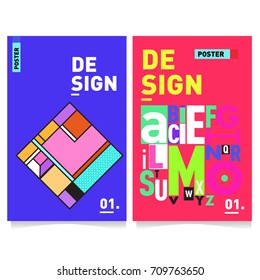 Vector covers design set with retro style. Cool geometric memphis style poster template with alphabets typography layout. Summer and autumn design template.
