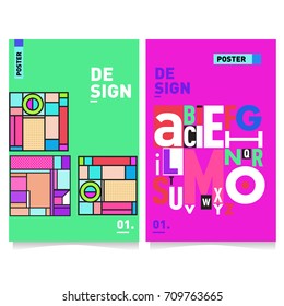 Vector covers design set with retro style. Cool geometric memphis style poster template with alphabets typography layout. Summer and autumn design template.